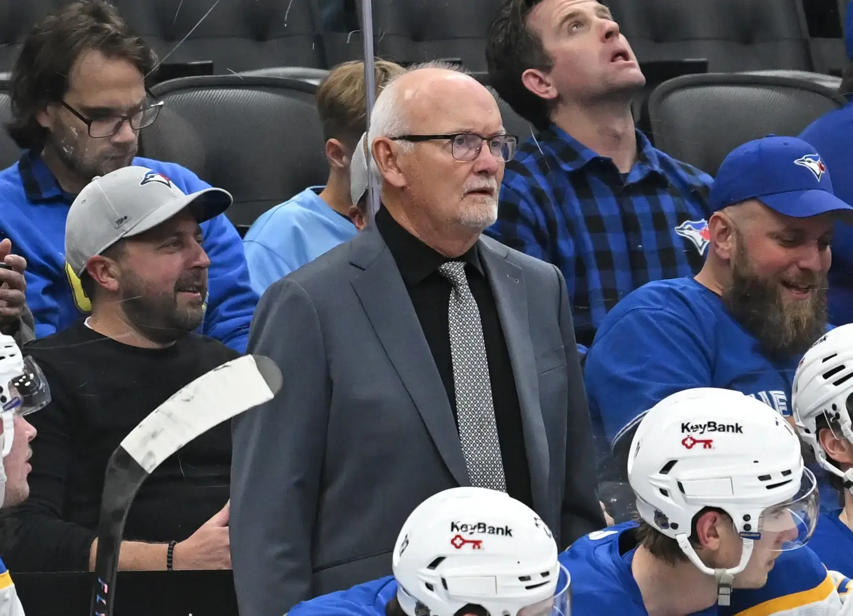 Oct 25, 2025; Toronto, Ontario, CAN; Buffalo Sabres head coach Lindy Ruff looks on behind the bench against the Toronto Maple Leafs at Scotiabank Arena.