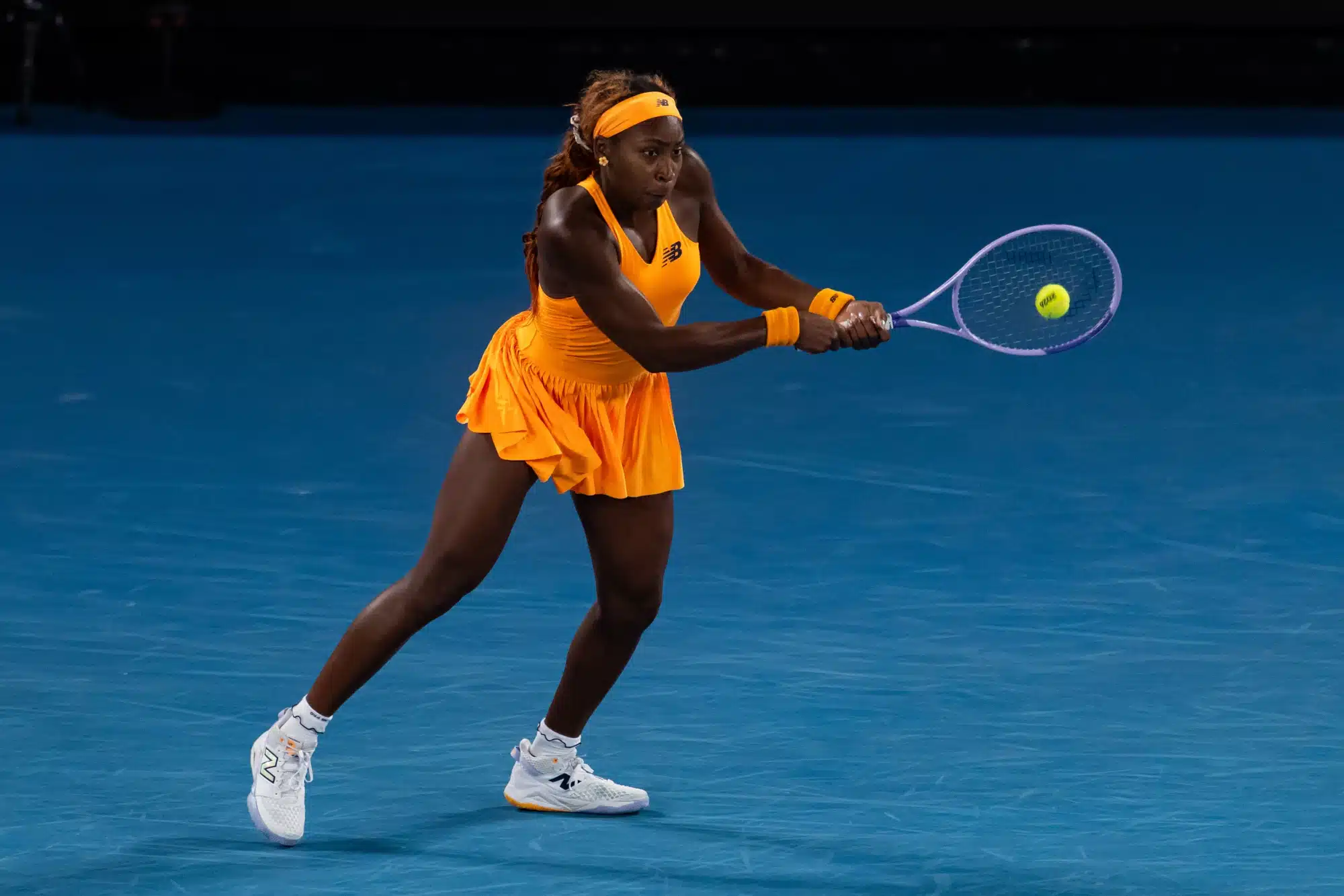 Jan 27, 2026; Melbourne, Victoria, Australia; Coco Gauff of United States in action against Elina Svitolina of Ukraine in the quarterfinals of the women’s singles at the Australian Open at Rod Laver Arena in Melbourne Park. 