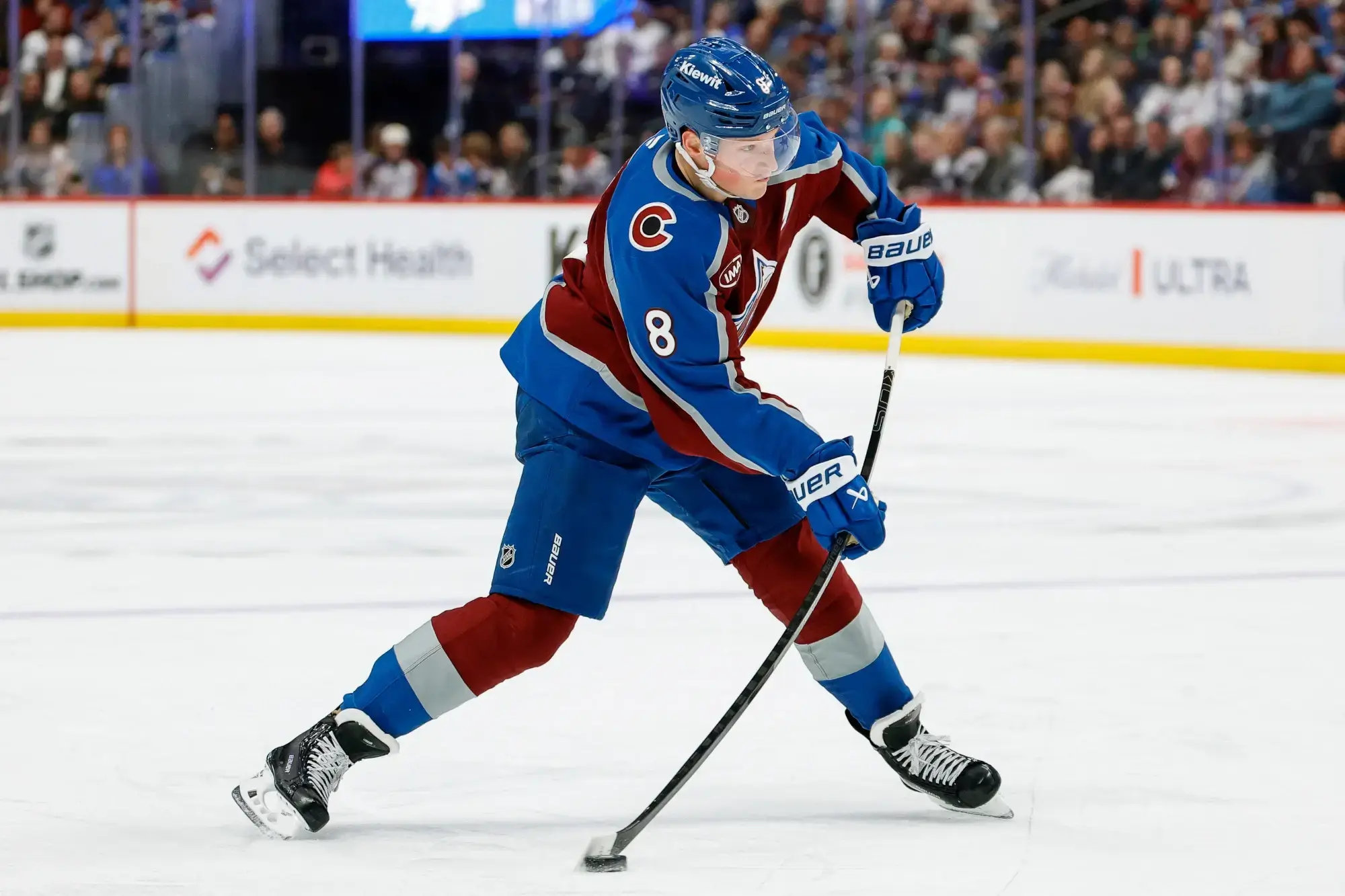 Jan 21, 2026; Denver, Colorado, USA; Colorado Avalanche defenseman Cale Makar (8) attempts a shot in the second period against the Anaheim Ducks at Ball Arena.