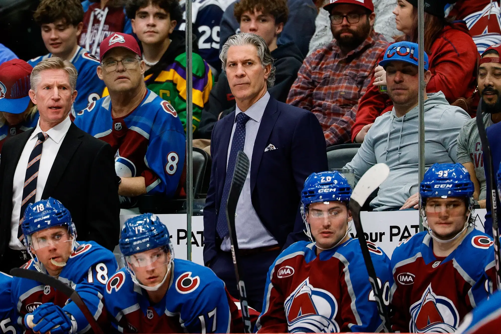 Jan 21, 2026; Denver, Colorado, USA; Colorado Avalanche head coach Jared Bednar looks on in the third period against the Anaheim Ducks at Ball Arena. 