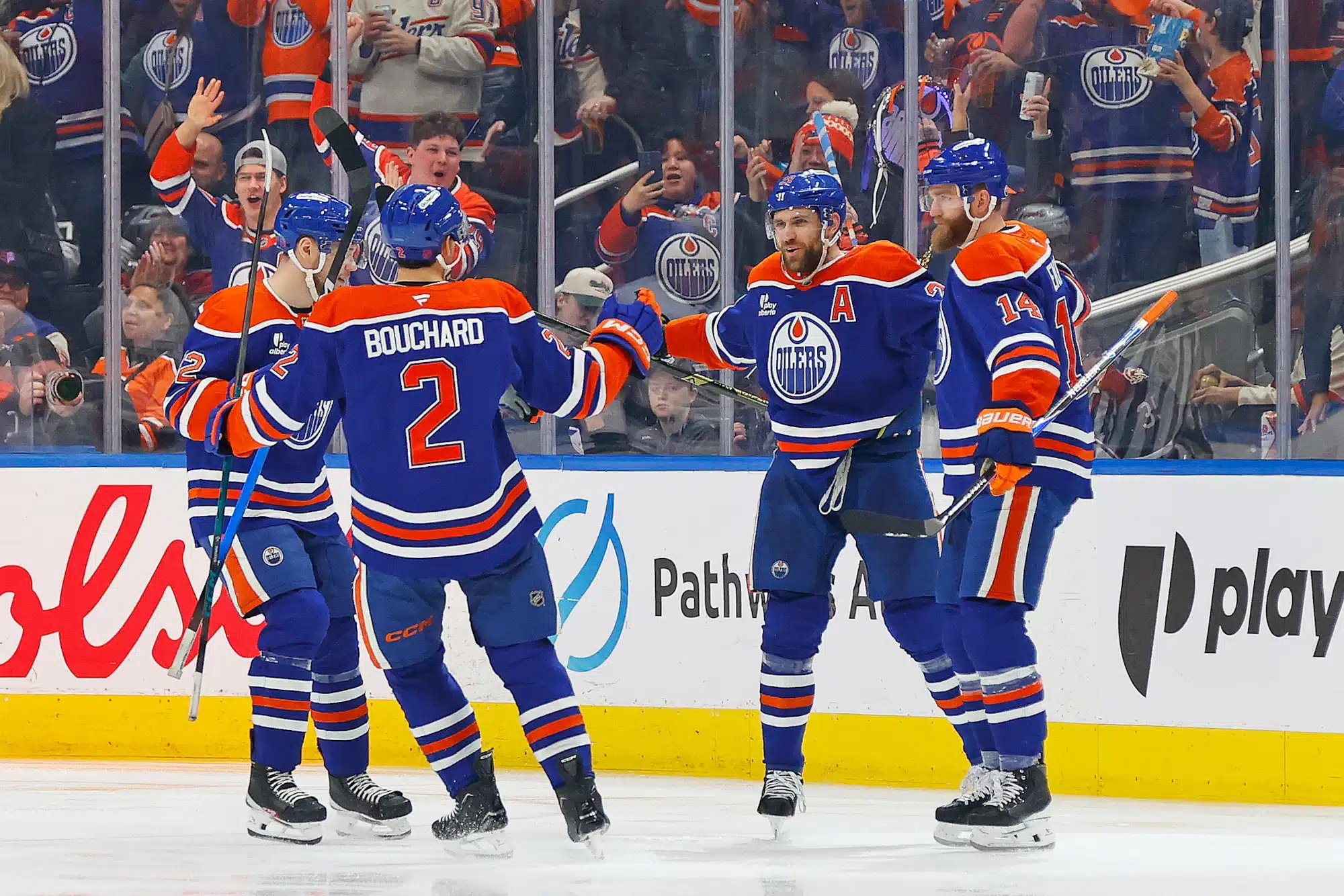 Jan 10, 2026; Edmonton, Alberta, CAN; The Edmonton Oilers celebrate a goal scored by forward Leon Draisaitl (29) during the second period against the Los Angelos Kings at Rogers Place. 