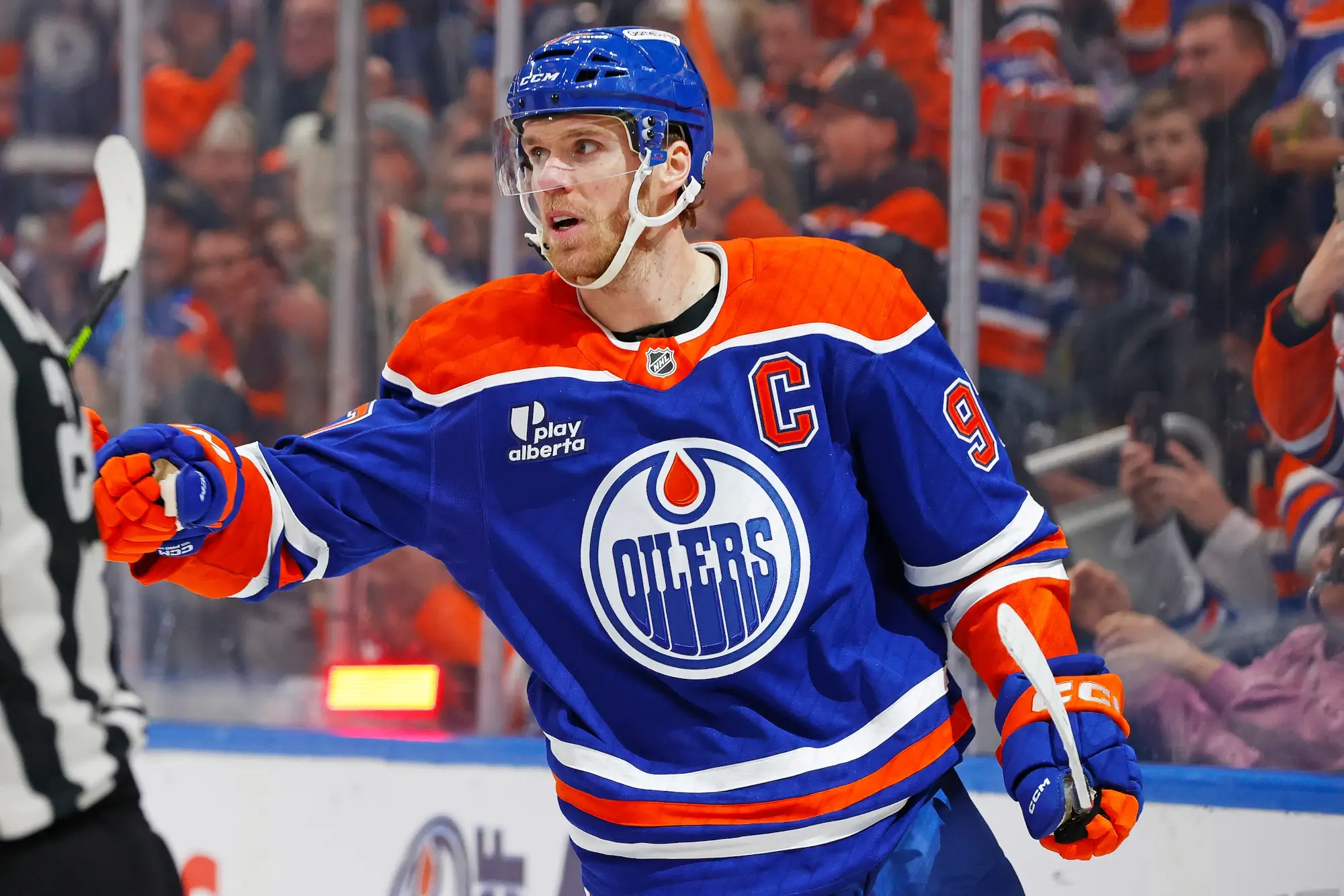 Jan 6, 2026; Edmonton, Alberta, CAN; Edmonton Oilers forward Connor McDavid (97) celebrates after scoring a goal against the Nashville Predators during the first period at Rogers Place. 