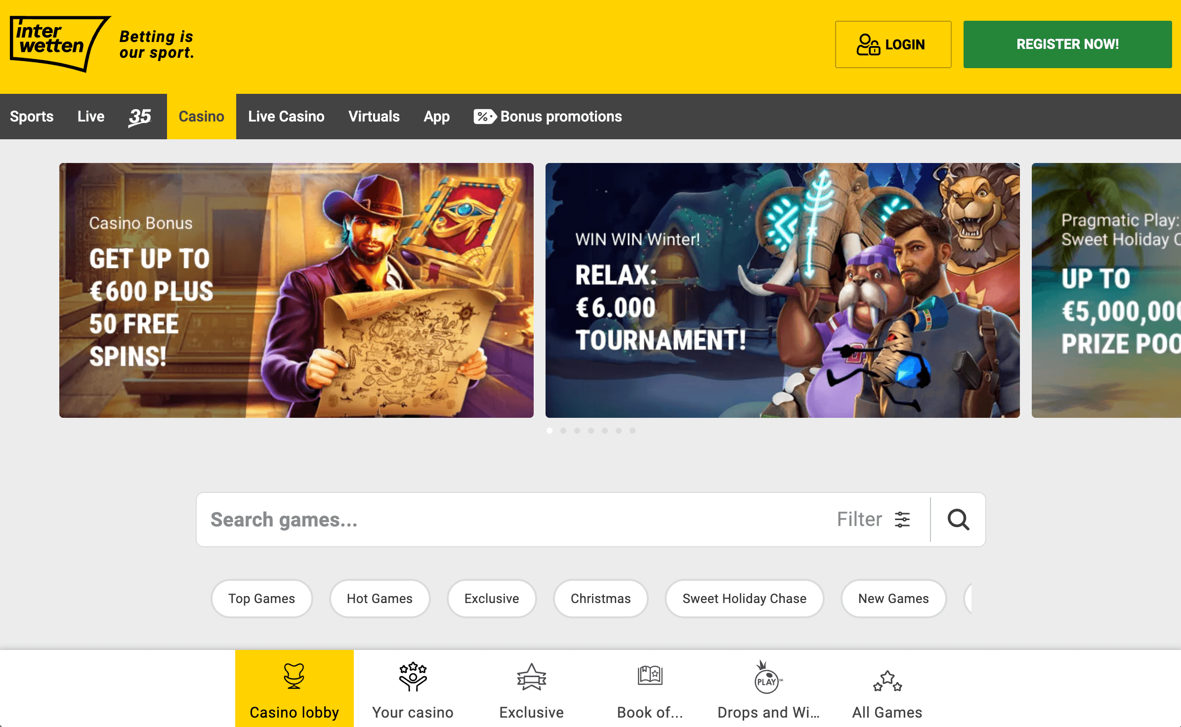 A screenshot of Interwetten Casino's home page from a desktop view.