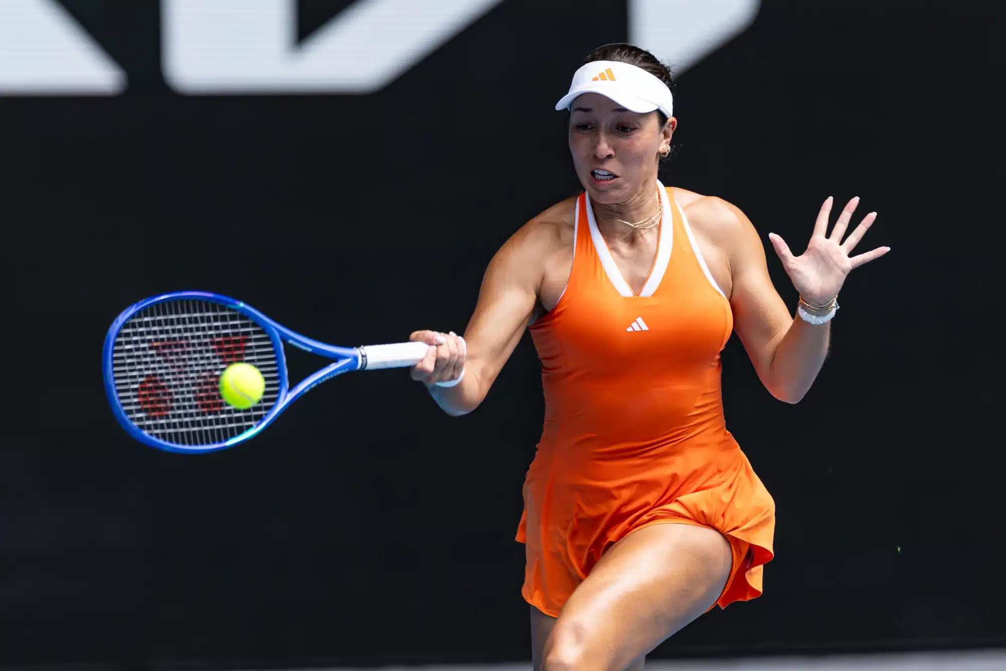 Jan 28, 2026; Melbourne, Victoria, Australia; Jessica Pegula of United States in action against Amanda Anisimova of United States in the quarterfinals of the womenโs singles at the Australian Open at Rod Laver Arena in Melbourne Park.