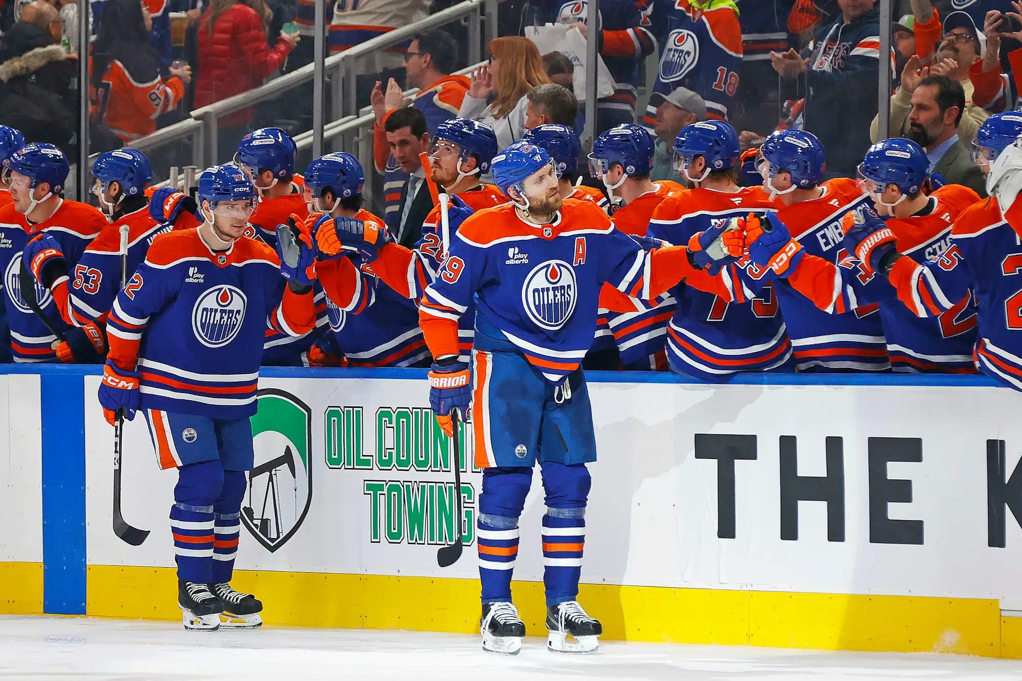 Jan 10, 2026; Edmonton, Alberta, CAN; The Edmonton Oilers celebrate a goal scored by forward Leon Draisaitl (29) during the second period against the Los Angeles Kings at Rogers Place.