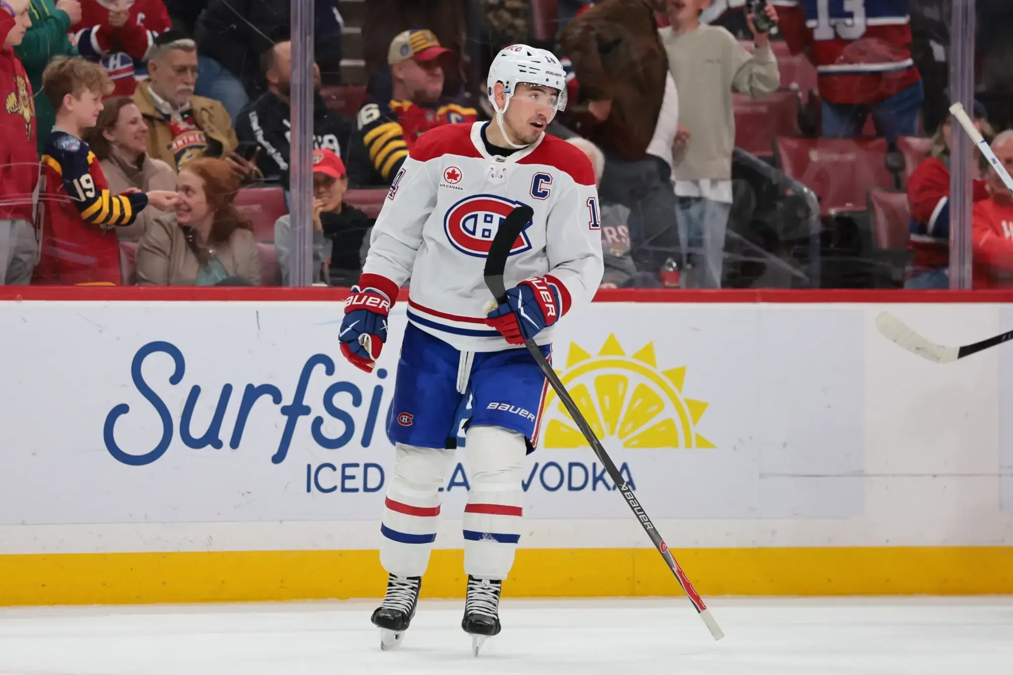 Dec 30, 2025; Sunrise, Florida, USA; Montreal Canadiens center Nick Suzuki (14) looks on after scoring against the Florida Panthers during the third period at Amerant Bank Arena.