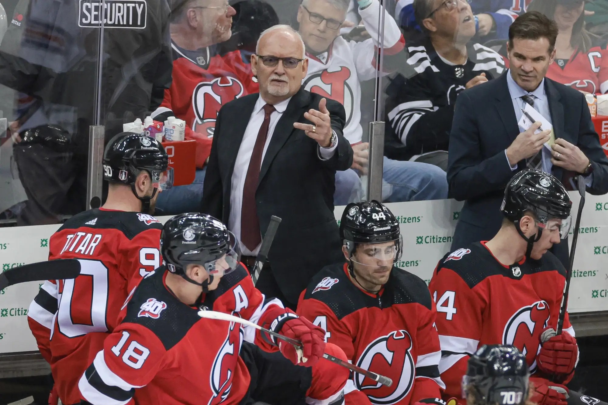 Apr 18, 2023; Newark, New Jersey, USA; New Jersey Devils head coach Lindy Ruff during the second period in game one of the first round of the 2023 Stanley Cup Playoffs against the New York Rangers at Prudential Center. 