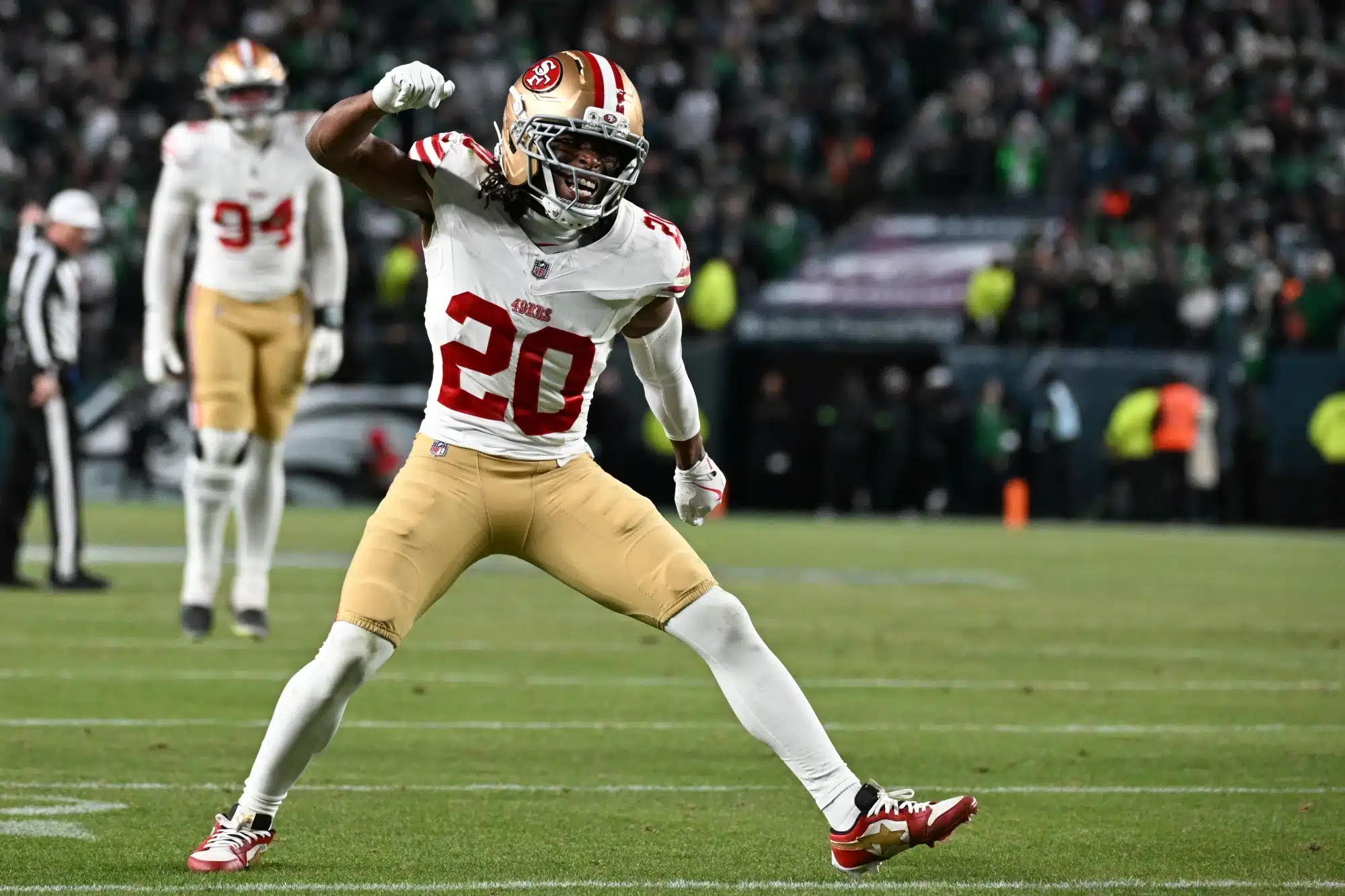 Jan 11, 2026; Philadelphia, PA, USA; San Francisco 49ers cornerback Upton Stout (20) celebrates after a play against the Philadelphia Eagles during the fourth quarter in an NFC Wild Card Round game at Lincoln Financial Field. 