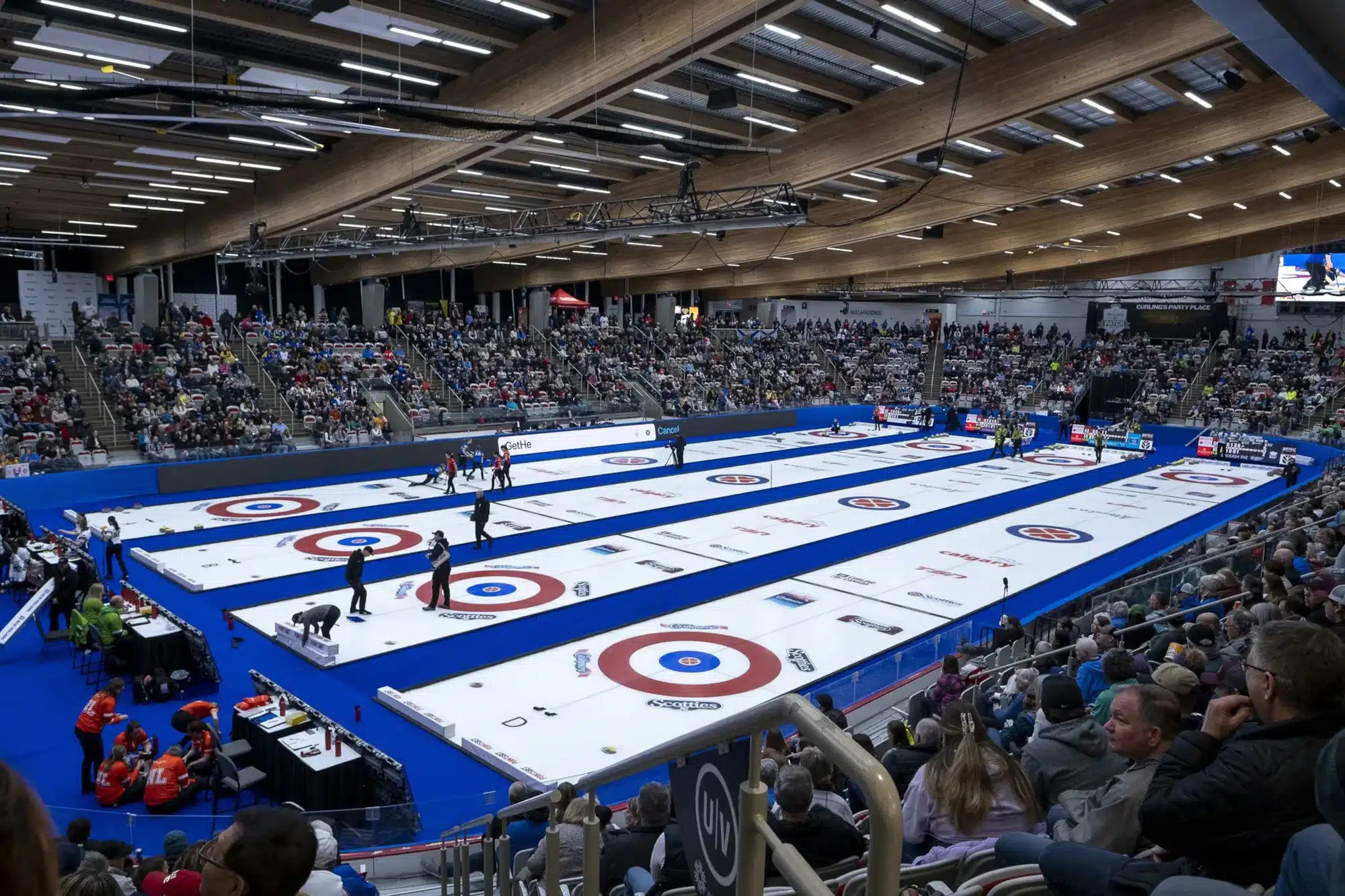 A view of curling sheets inside the arena at the Scotties Tournament of Hearts in Mississauga, ON in January 2026