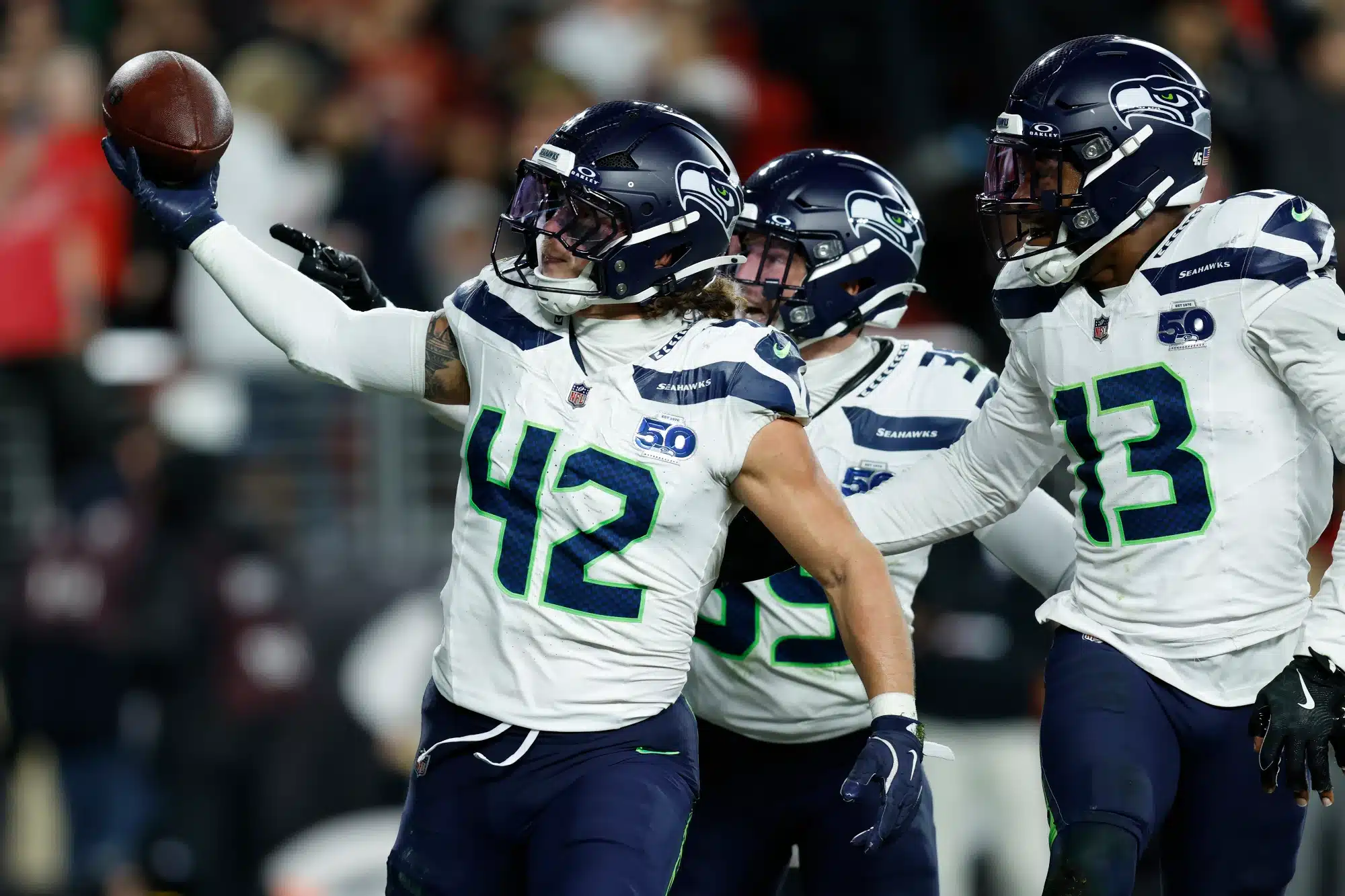 Jan 3, 2026; Santa Clara, California, USA; Seattle Seahawks linebacker Drake Thomas (42) reacts after an interception against the San Francisco 49ers during the second half at Levi's Stadium. 