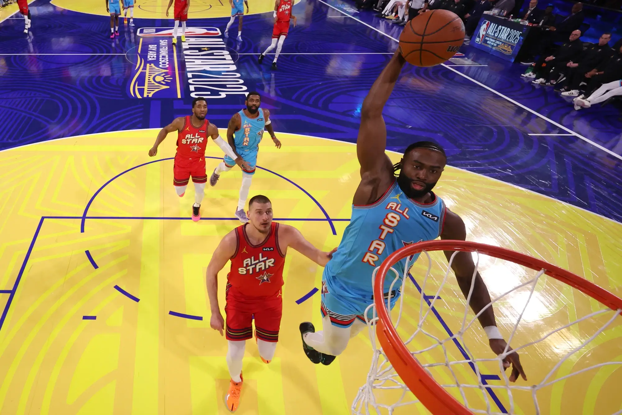 Feb 16, 2025; San Francisco, CA, USA; Shaq’s OGs guard Jaylen Brown (7) of the Boston Celtics shoots against Chuck’s Global Stars center Nikola Jokic (15) of the Denver Nuggets during the 2025 NBA All Star Game at Chase Center.