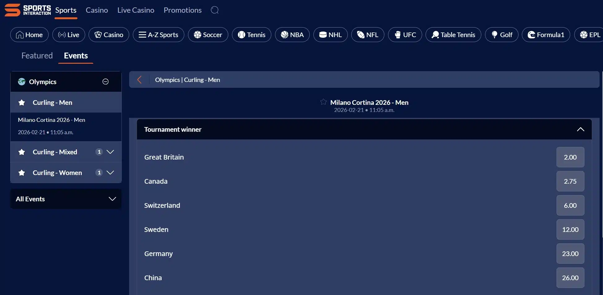 A screenshot of Sports Interaction's curling odds