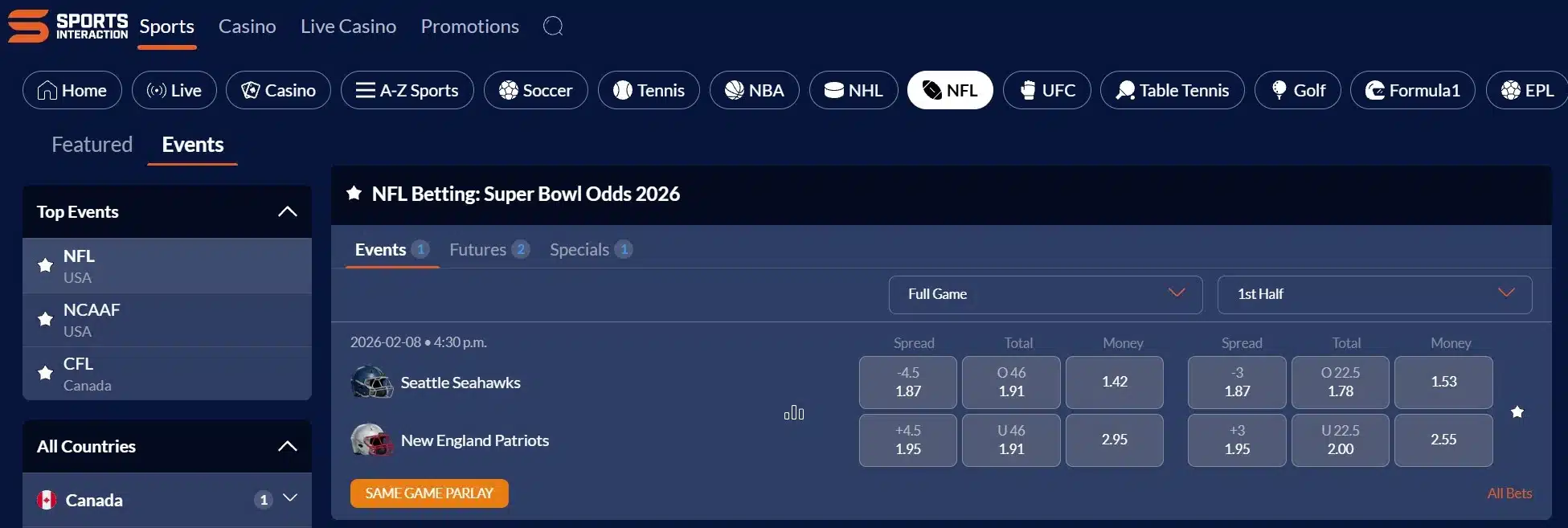 A screenshot displaying Super Bowl odds from Sports Interaction
