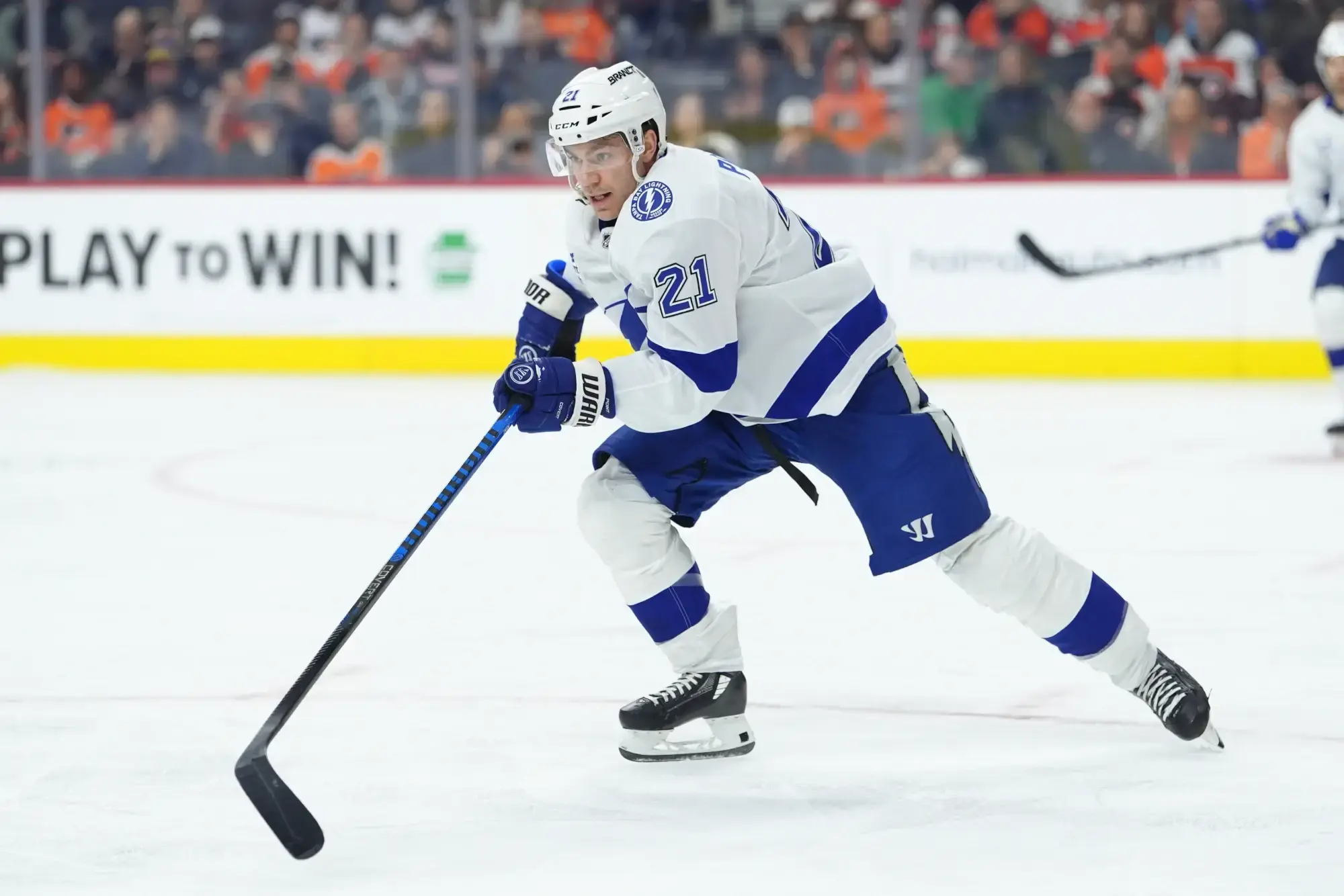 Jan 12, 2026; Philadelphia, Pennsylvania, USA; Tampa Bay Lightning center Brayden Point (21) in action against the Philadelphia Flyers in the second period at Xfinity Mobile Arena.