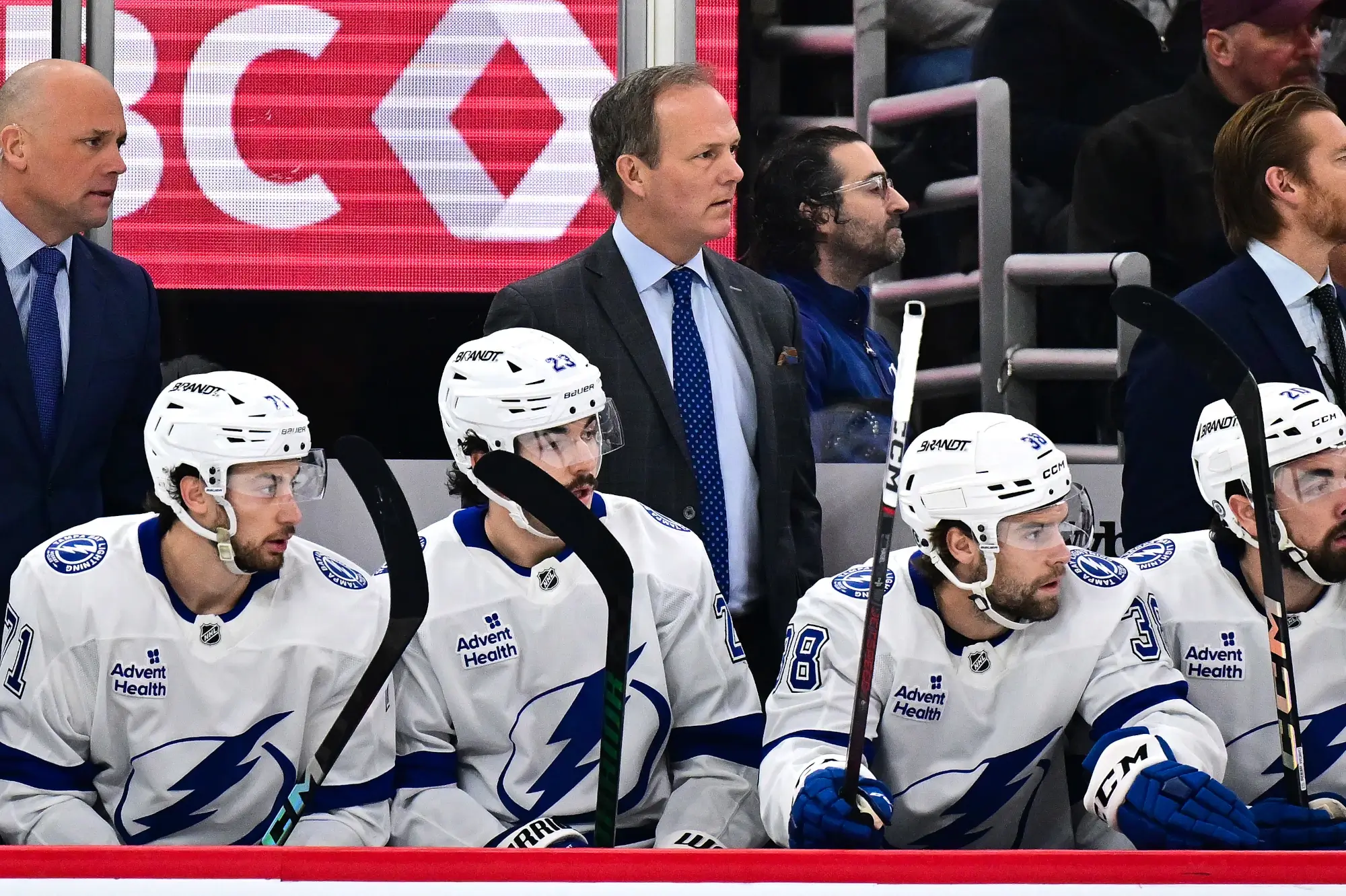 Jan 24, 2025; Chicago, Illinois, USA; Tampa Bay Lightning head coach Jon Cooper looks on against the Chicago Blackhawks during the first period at the United Center.