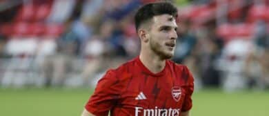 Arsenal midfielder Declan Rice (41) warms up before the game against MLS of the 2023 MLS All Star Game at Audi Field.