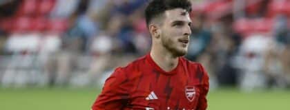 Arsenal midfielder Declan Rice (41) warms up before the game against MLS of the 2023 MLS All Star Game at Audi Field.