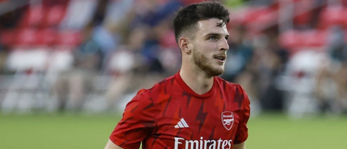 Arsenal midfielder Declan Rice (41) warms up before the game against MLS of the 2023 MLS All Star Game at Audi Field.