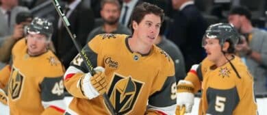 Vegas Golden Knights right wing Mitch Marner (93) warms up before a game against the New York Islanders at T-Mobile Arena.