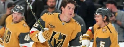 Vegas Golden Knights right wing Mitch Marner (93) warms up before a game against the New York Islanders at T-Mobile Arena.