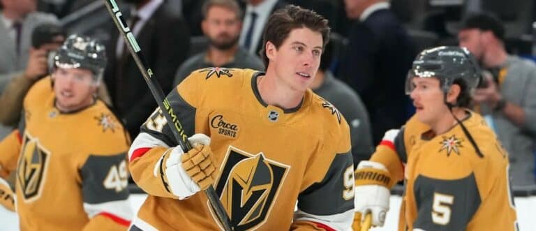 Vegas Golden Knights right wing Mitch Marner (93) warms up before a game against the New York Islanders at T-Mobile Arena.