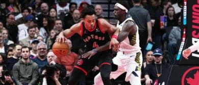 Toronto Raptors forward Scottie Barnes (4) controls the ball as Indiana Pacers forward Pascal Siakam (43) tries to defend during the second quarter at Scotiabank Arena