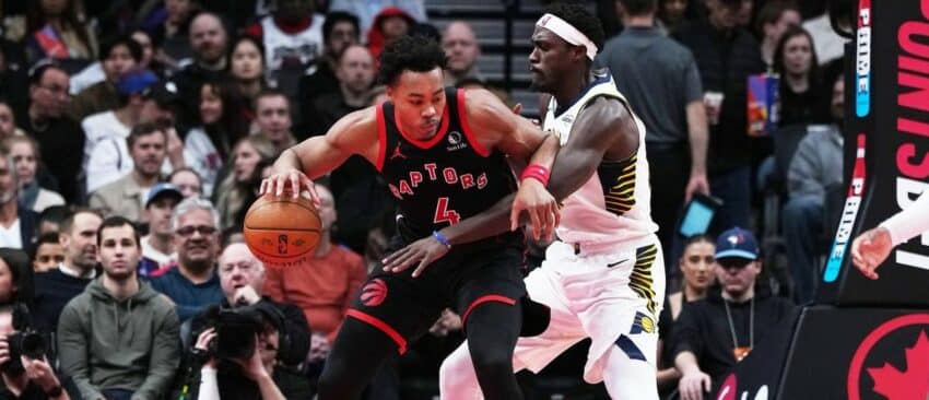 Toronto Raptors forward Scottie Barnes (4) controls the ball as Indiana Pacers forward Pascal Siakam (43) tries to defend during the second quarter at Scotiabank Arena