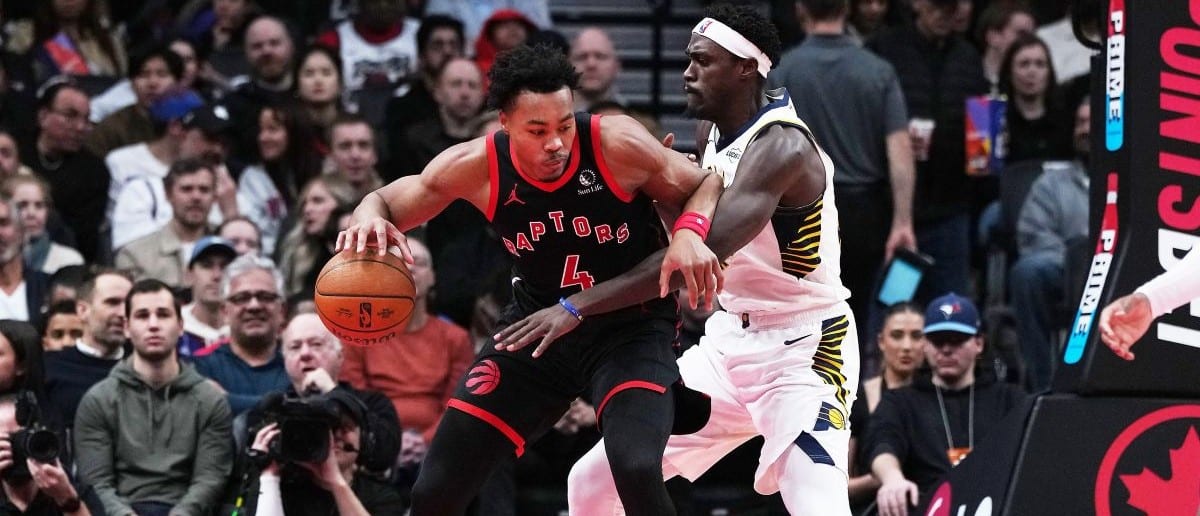 Toronto Raptors forward Scottie Barnes (4) controls the ball as Indiana Pacers forward Pascal Siakam (43) tries to defend during the second quarter at Scotiabank Arena