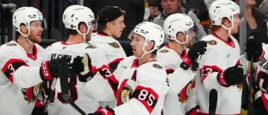 Ottawa Senators defenseman Jake Sanderson (85) celebrates after scoring a goal against the Vegas Golden Knights during the first period at T-Mobile Arena.