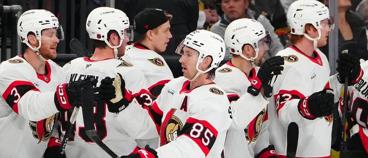 Ottawa Senators defenseman Jake Sanderson (85) celebrates after scoring a goal against the Vegas Golden Knights during the first period at T-Mobile Arena.