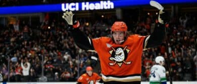 Anaheim Ducks center Leo Carlsson (91) gestures after scoring during the second period against the Vancouver Canucks at Honda Center.