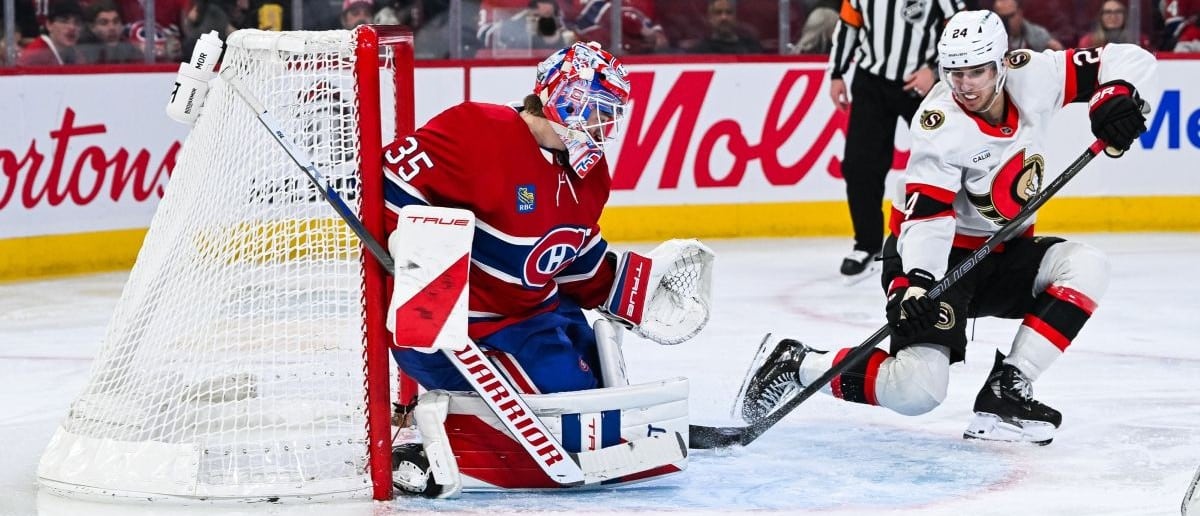 Montreal Canadiens goalie Samuel Montembeault (35) makes a save against Ottawa Senators center Dylan Cozens (24) during the third period at Bell Centre