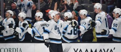 Utah Mammoth left wing Lawson Crouse (67) celebrates his goal scored against the Anaheim Ducks during the first period at Honda Center.