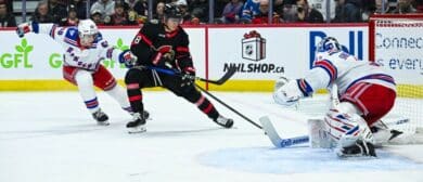 Ottawa Senators center Tim Stutzle (18) shoots the puck against New York Rangers goalie Igor Shesterkin (31) during the third period at Canadian Tire Centre