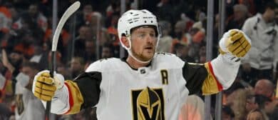 Vegas Golden Knights center Jack Eichel (9) against the Philadelphia Flyers at Xfinity Mobile Arena.