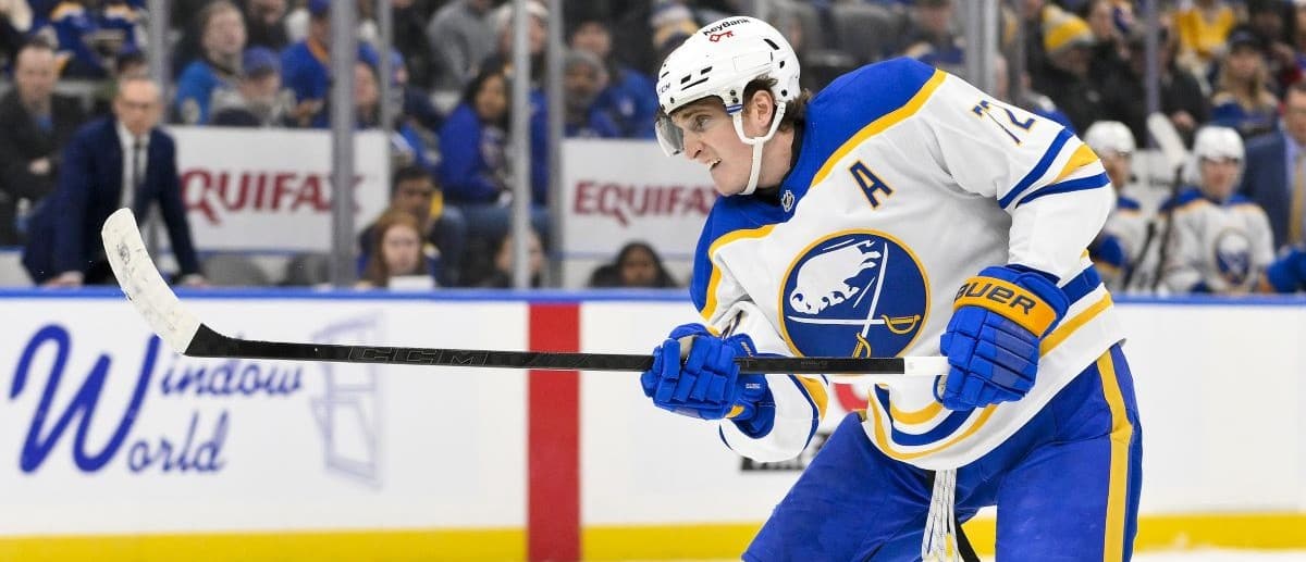 Buffalo Sabres center Tage Thompson (72) shoots against the St. Louis Blues during the third period at Enterprise Center