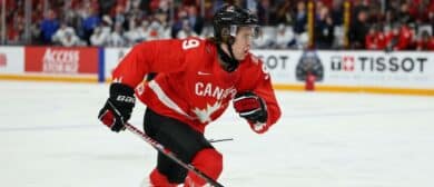 Canada forward Gavin McKenna (9) in action against Finland during the second period in group play during the 2026 IIHF World Junior Championship at 3M Arena