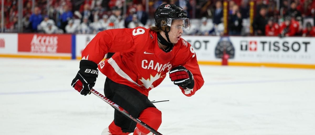 Canada forward Gavin McKenna (9) in action against Finland during the second period in group play during the 2026 IIHF World Junior Championship at 3M Arena