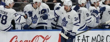 Toronto Maple Leafs center Auston Matthews (34) celebrates after scoring a goal against the New York Islanders during the second period at UBS Arena.