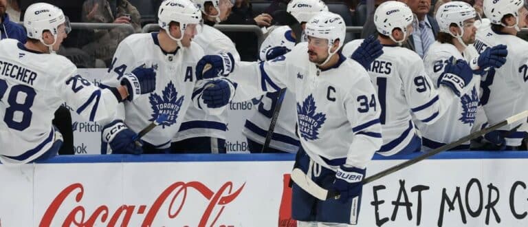 Toronto Maple Leafs center Auston Matthews (34) celebrates after scoring a goal against the New York Islanders during the second period at UBS Arena.
