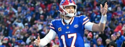 Buffalo Bills quarterback Josh Allen (17) runs onto the field before the game against the New York Jets at Highmark Stadium.