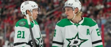 Dallas Stars left wing Jason Robertson (21) and center Roope Hintz (24) talk against the Carolina Hurricanes during the third period at Lenovo Center.