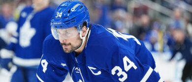 Jan 10, 2026; Toronto, Ontario, CAN; Toronto Maple Leafs center Auston Matthews (34) waits for the faceoff against the Vancouver Canucks during the first period at Scotiabank Arena. Mandatory Credit: Nick Turchiaro-Imagn Images
