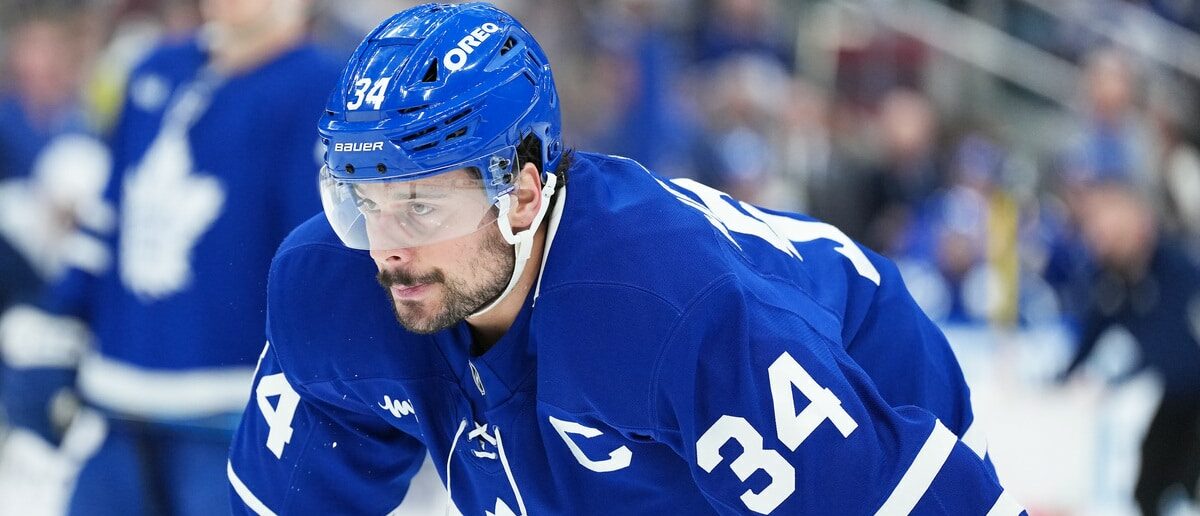 Jan 10, 2026; Toronto, Ontario, CAN; Toronto Maple Leafs center Auston Matthews (34) waits for the faceoff against the Vancouver Canucks during the first period at Scotiabank Arena. Mandatory Credit: Nick Turchiaro-Imagn Images