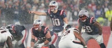 New England Patriots quarterback Drake Maye (10) communicates in the fourth quarter against the Houston Texans in an AFC Divisional Round game at Gillette Stadium.