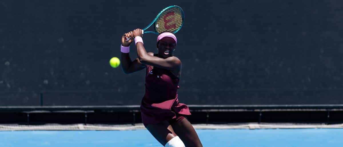 Victoria Mboko of Canada in action against Caty McNally of United States in the second round of the women’s singles at the Australian Open at 1573 Arena in Melbourne Park