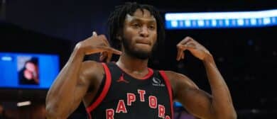 Toronto Raptors guard Immanuel Quickley (5) celebrates after making a three-pointer against the Golden State Warriors in the third quarter at Chase Center.