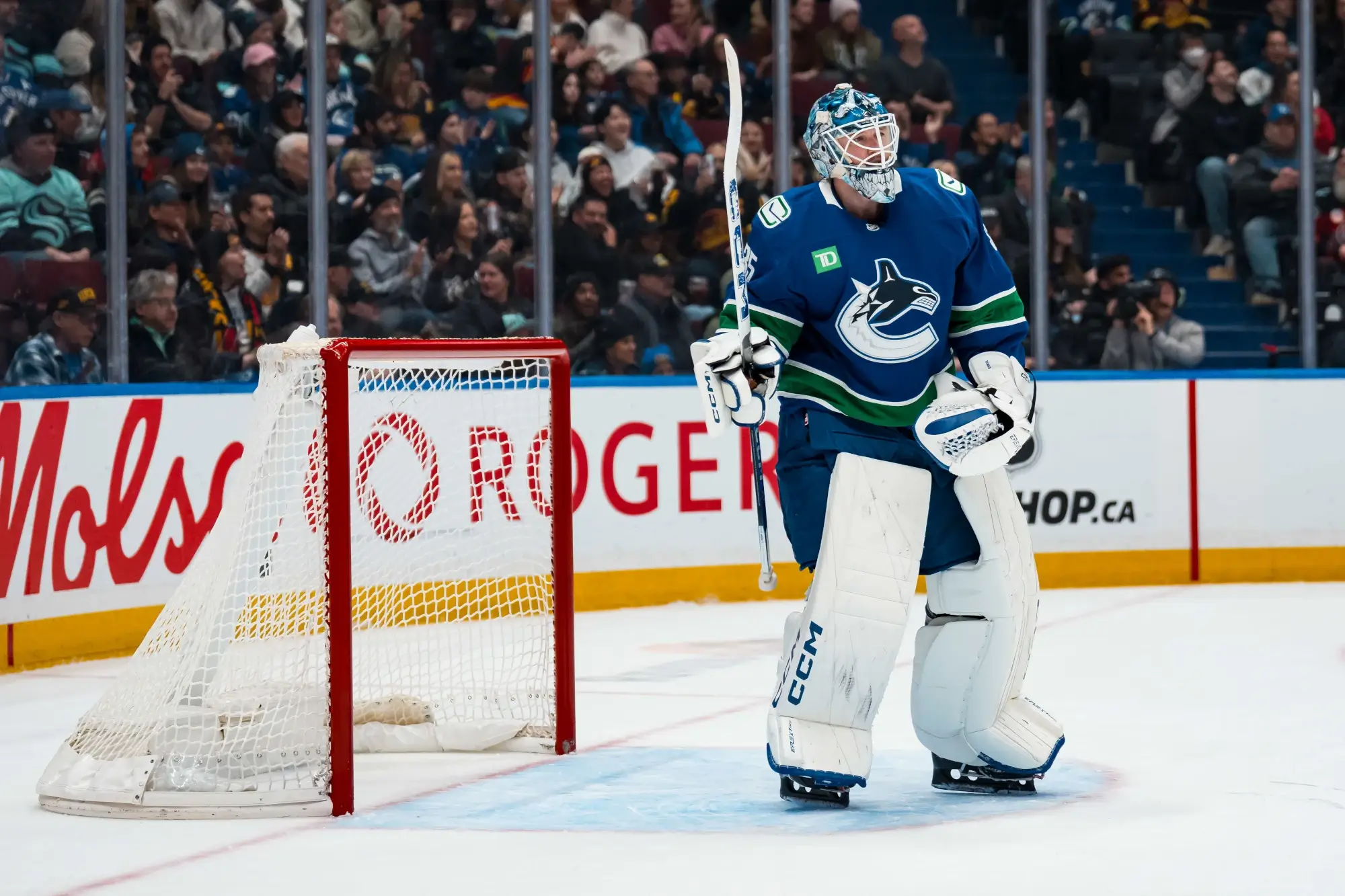 Jan 2, 2026; Vancouver, British Columbia, CAN; Vancouver Canucks goalie Thatcher Demko (35) skates against the Seattle Kraken in the first period at Rogers Arena. 
