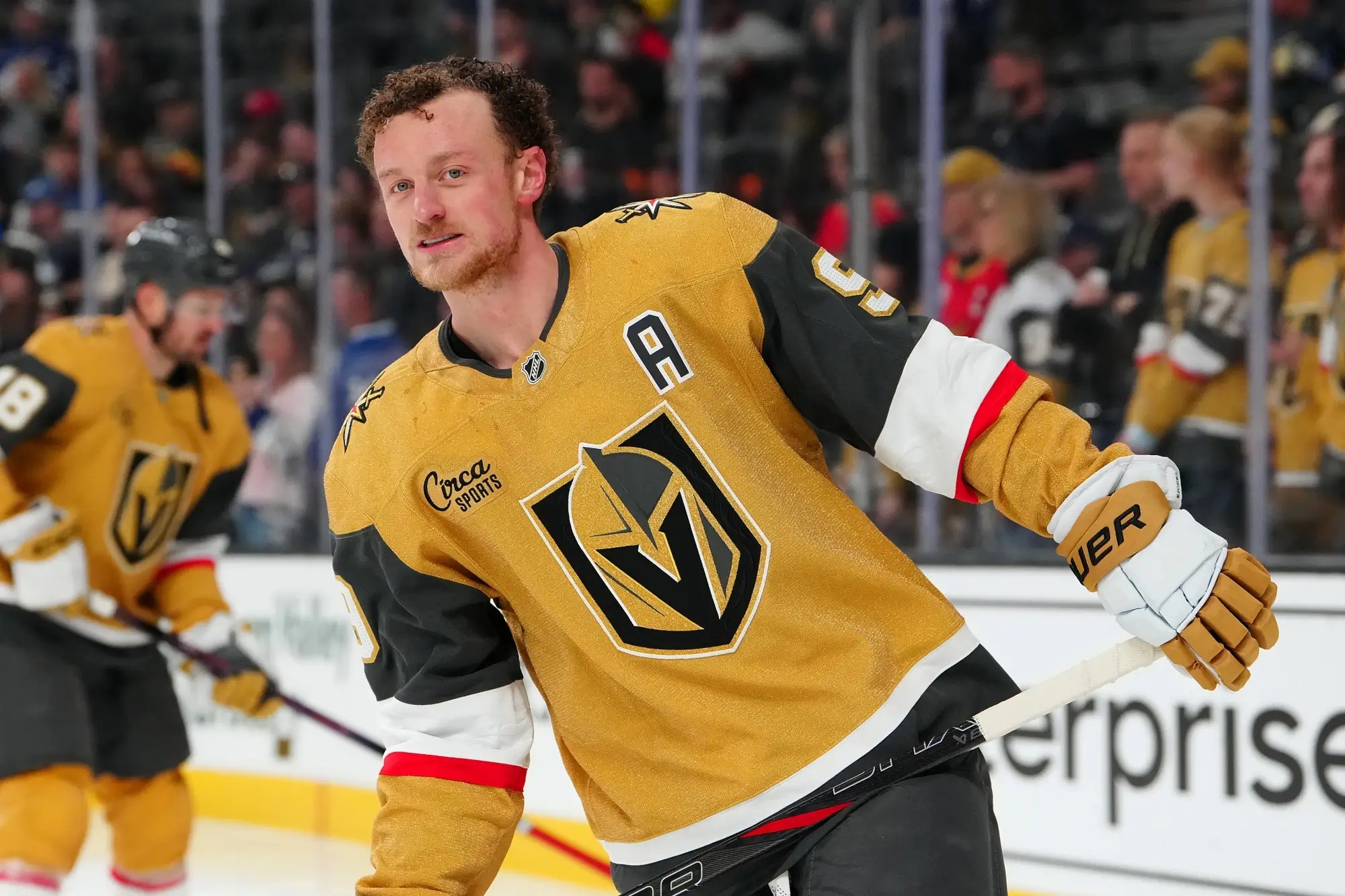 Jan 15, 2026; Las Vegas, Nevada, USA; Vegas Golden Knights center Jack Eichel (9) warms up before a game against the Toronto Maple Leafs at T-Mobile Arena.