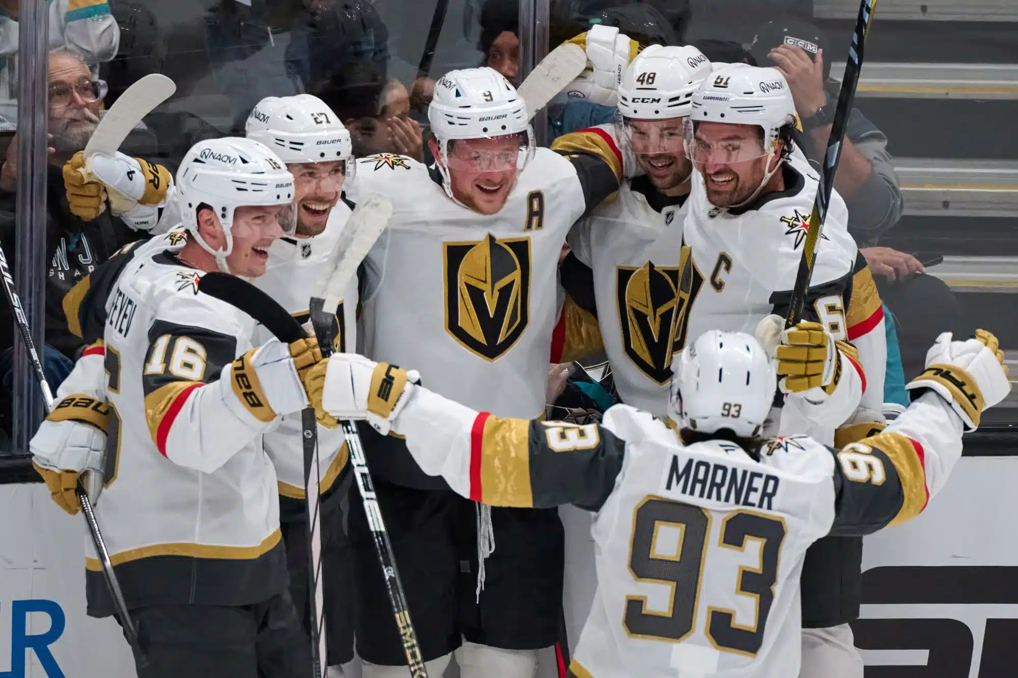 Oct 9, 2025; San Jose, California, USA; Vegas Golden Knights center Jack Eichel (9) celebrates with right wing Pavel Dorofeyev (16), defenseman Shea Theodore (27), center Tomas Hertl (48), right wing Mark Stone (61) and right wing Mitch Marner (93) after scoring against the San Jose Sharks during the third period at SAP Center at San Jose.